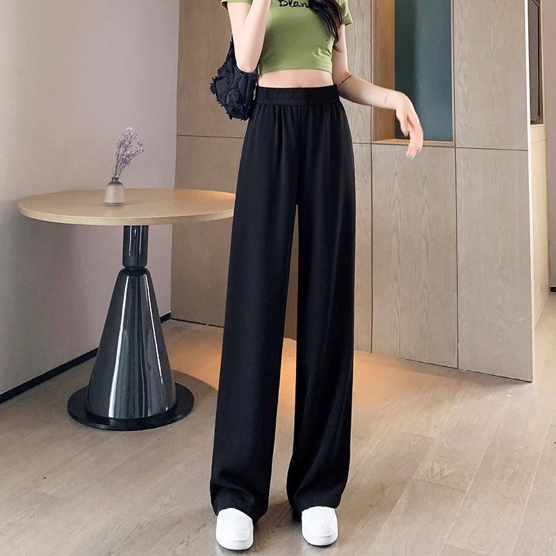 Ice Silk Thin Narrow Wide-Leg Suit Pants for Women, Summer Casual Pear-Shaped Body Slimming Drape Straight Sunscreen Pants