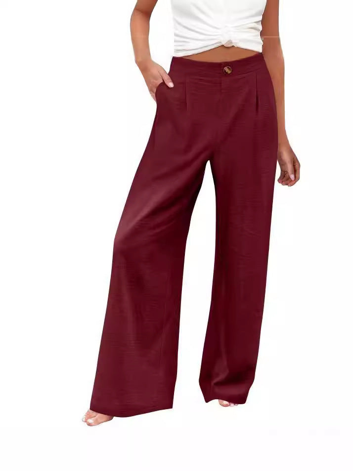 2026 Cross-Border Amazon European and American Summer Comfortable High-Waisted Long Pants with Buttons and Elastic Waist Wide-Leg Pants for Women Casual Straight-Leg Pants