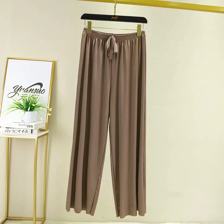 Korean style high waist drawstring lace-up ice silk seamless straight slimming wide-leg pants summer thin draping casual trousers