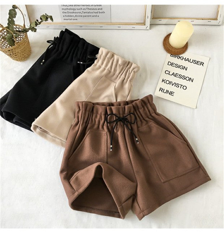 High Waist Woolen Shorts Autumn and Winter 2024 New Black Wide Leg Pants Slimming Spring Outwear Loose Casual Boots for Women