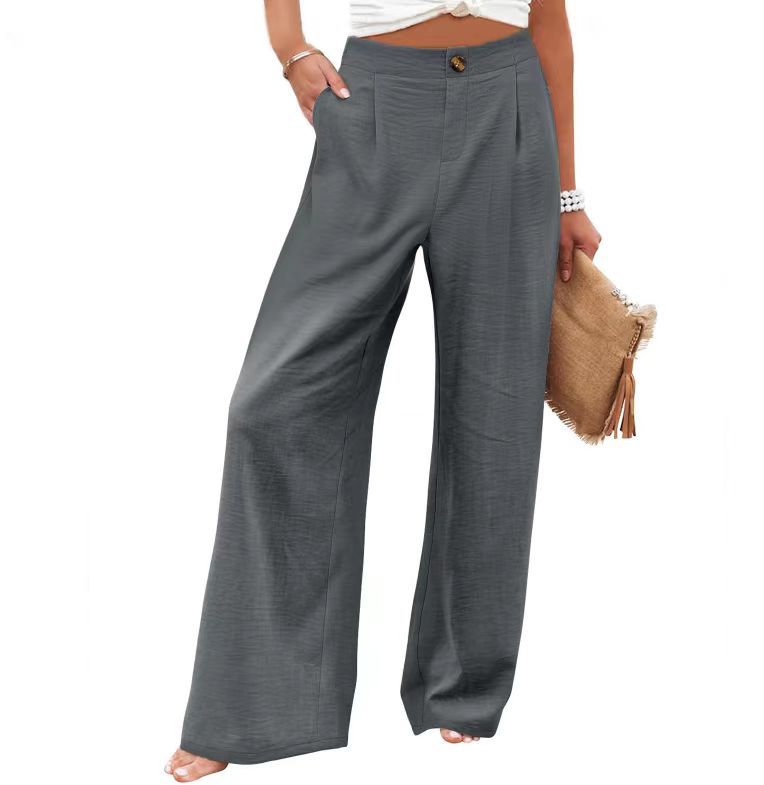 2026 Cross-Border Amazon European and American Summer Comfortable High-Waisted Long Pants with Buttons and Elastic Waist Wide-Leg Pants for Women Casual Straight-Leg Pants