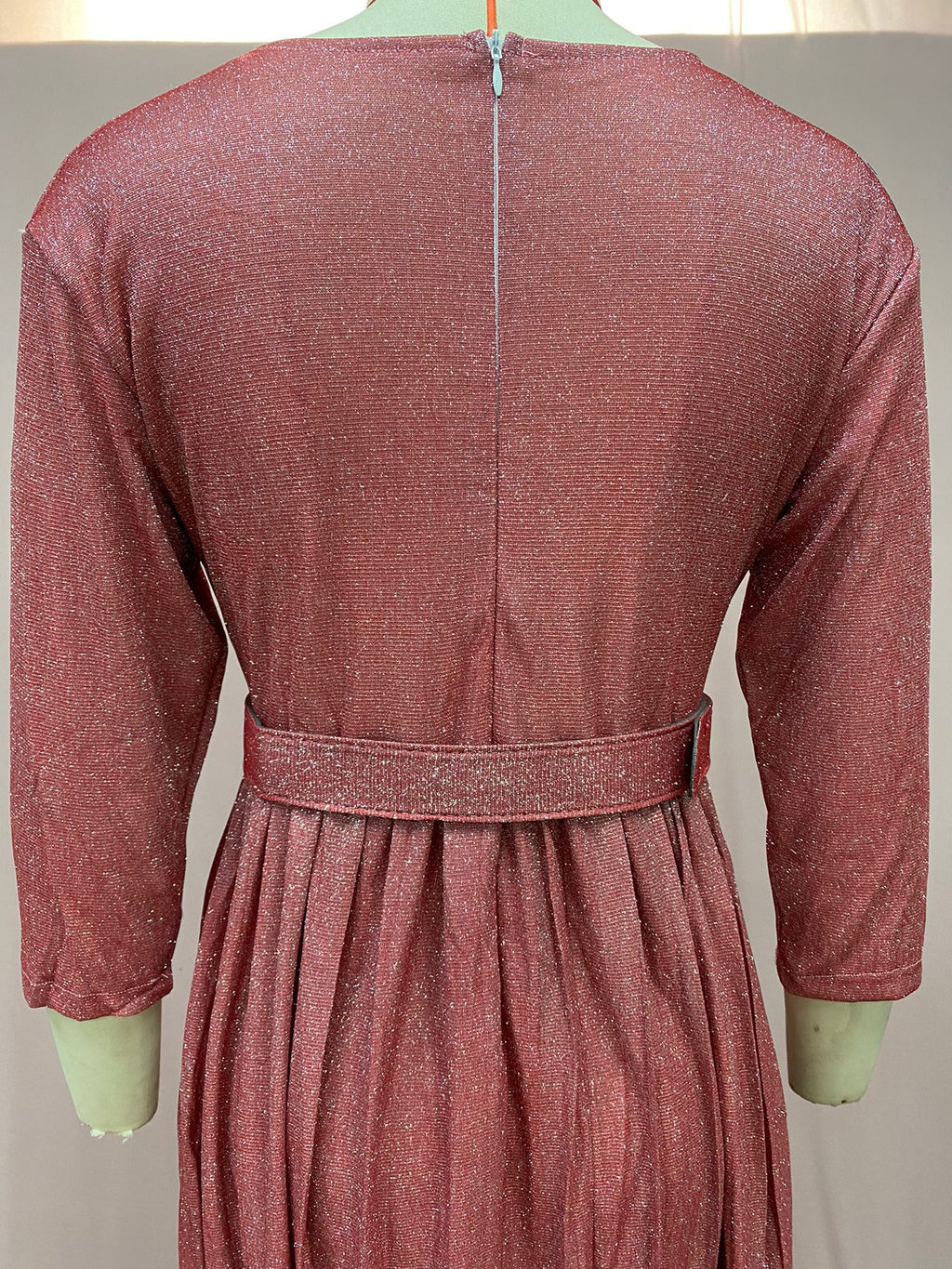 2025 Winter Cross-Border European and American African Women's Fashionable Long-Sleeved Bronzing Pleated Skirt with Belt Glitter Fabric