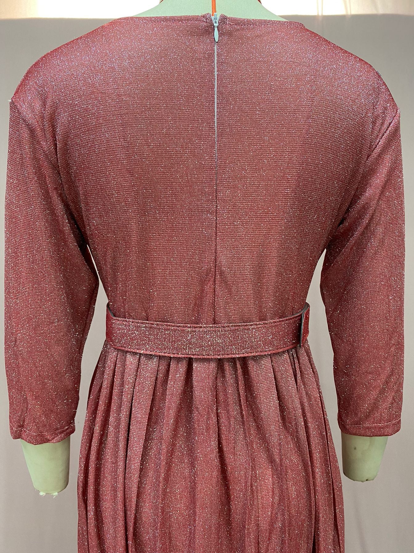 2025 Winter Cross-Border European and American African Women's Fashionable Long-Sleeved Bronzing Pleated Skirt with Belt Glitter Fabric