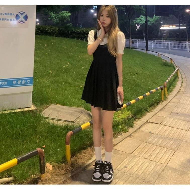 French Design Sense suit 2024 New College Style Women's Wear Spring Black Strap Sweet and Spicy dress Summer