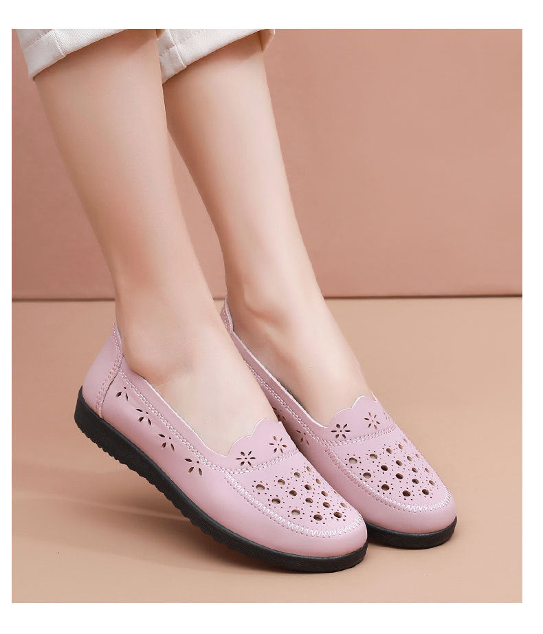 Spring Mom Shoes Sandals Soft Sole Comfortable Flats Hole Hollow Flats Shoes Middle-Aged and Elderly Women's Shoes Elderly Grandma Leather Shoes