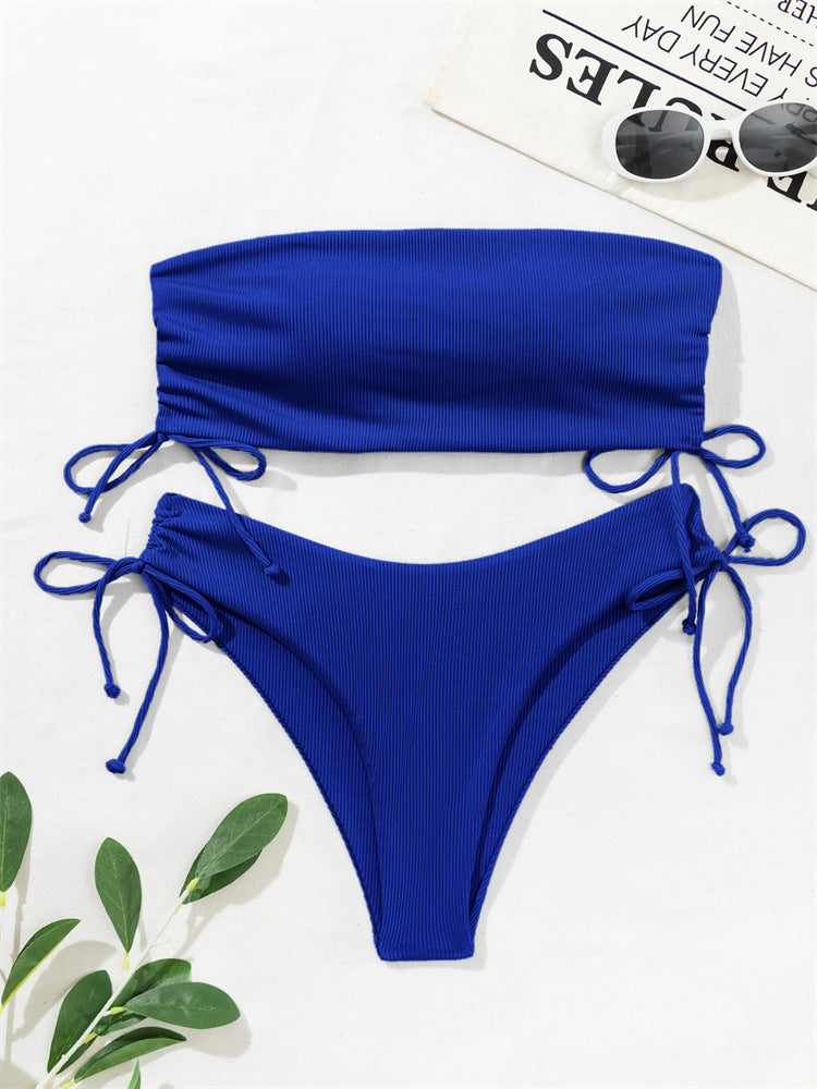 European and American Tube Top Bikini Swimsuit for Women 2024 New Pure Color Sexy Huludao Swimsuit Split Swimsuit High-End