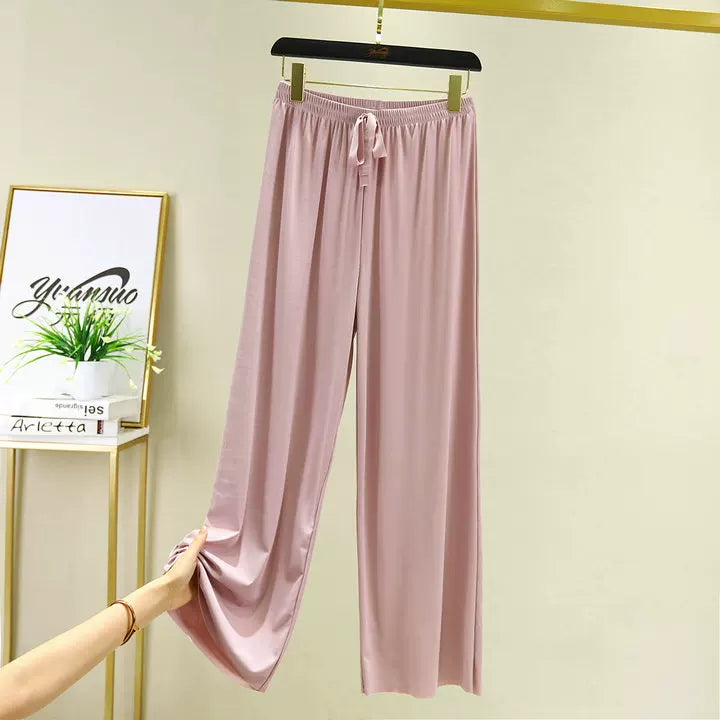 Korean style high waist drawstring lace-up ice silk seamless straight slimming wide-leg pants summer thin draping casual trousers
