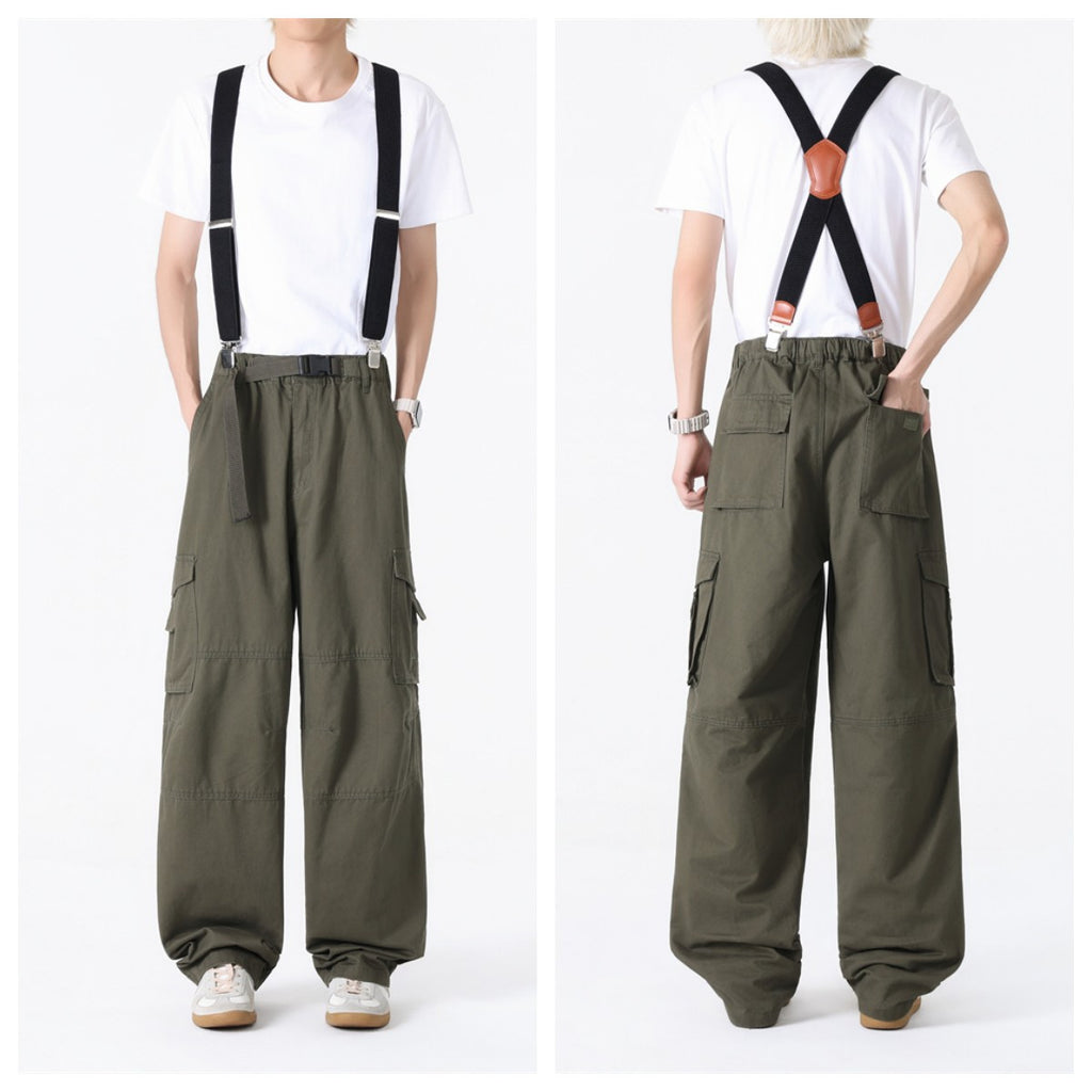 Spring and Autumn Men's Multi-Bag Pants for Chubby Casual Chubby Cotton Overalls with Fat plus size Wide Legs and Loose Waist Loose Long Pants