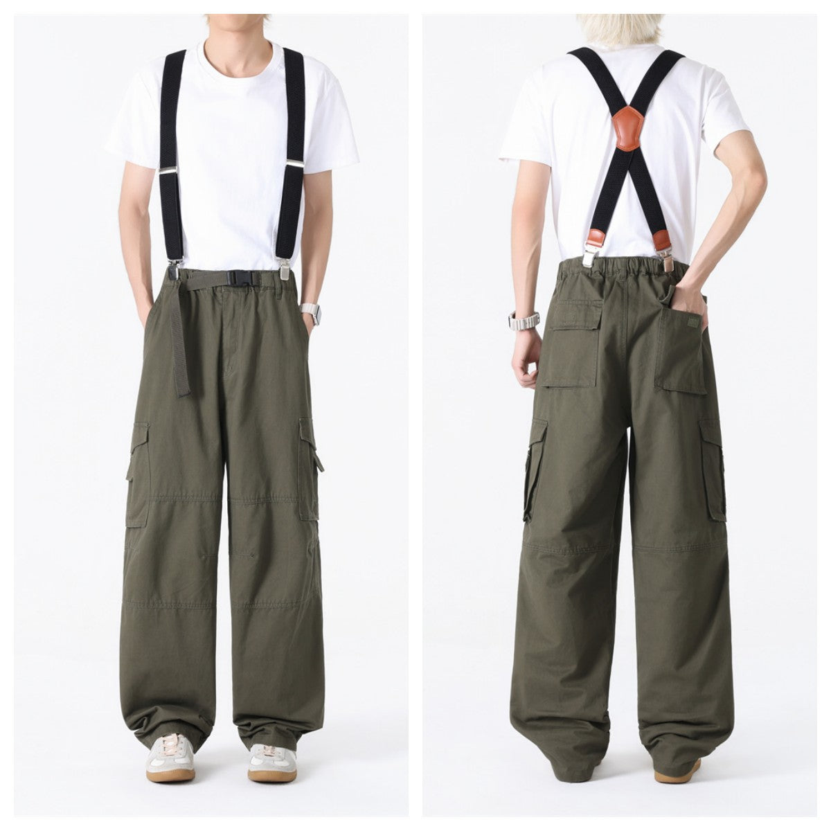 Spring and Autumn Men's Multi-Bag Pants for Chubby Casual Chubby Cotton Overalls with Fat plus size Wide Legs and Loose Waist Loose Long Pants