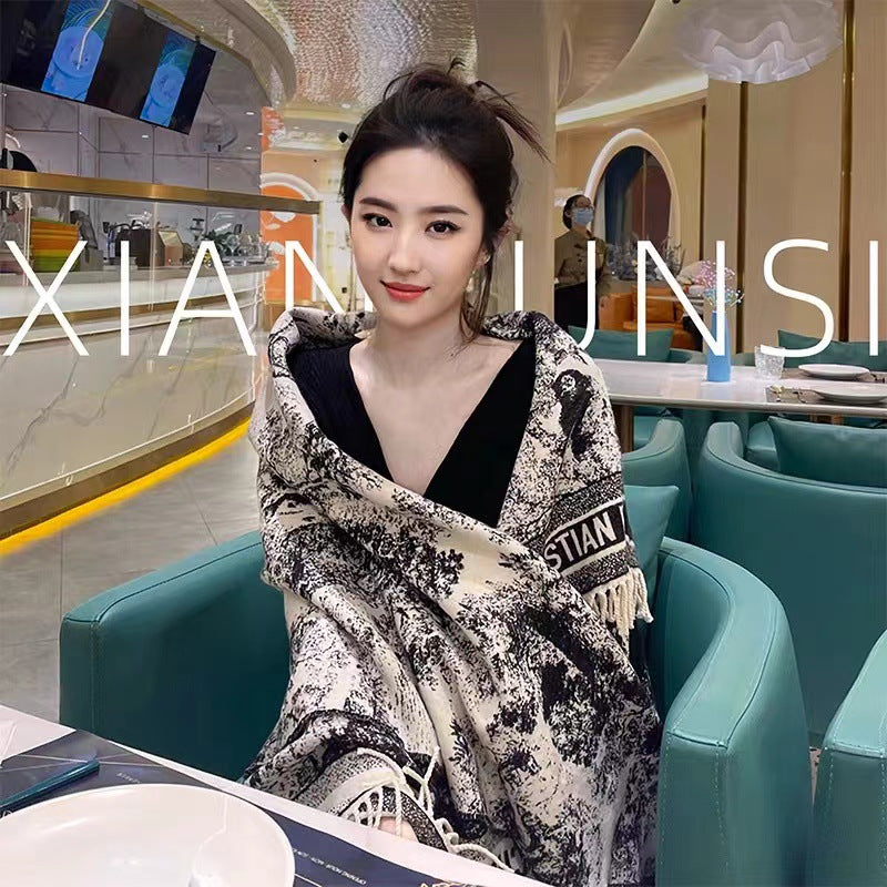2025 Double-Sided Shawl Liu Yifei Same Style Long Tassel Scarf Korean Style Women's Thickened Ethnic Style Four-Season Scarf Wholesale