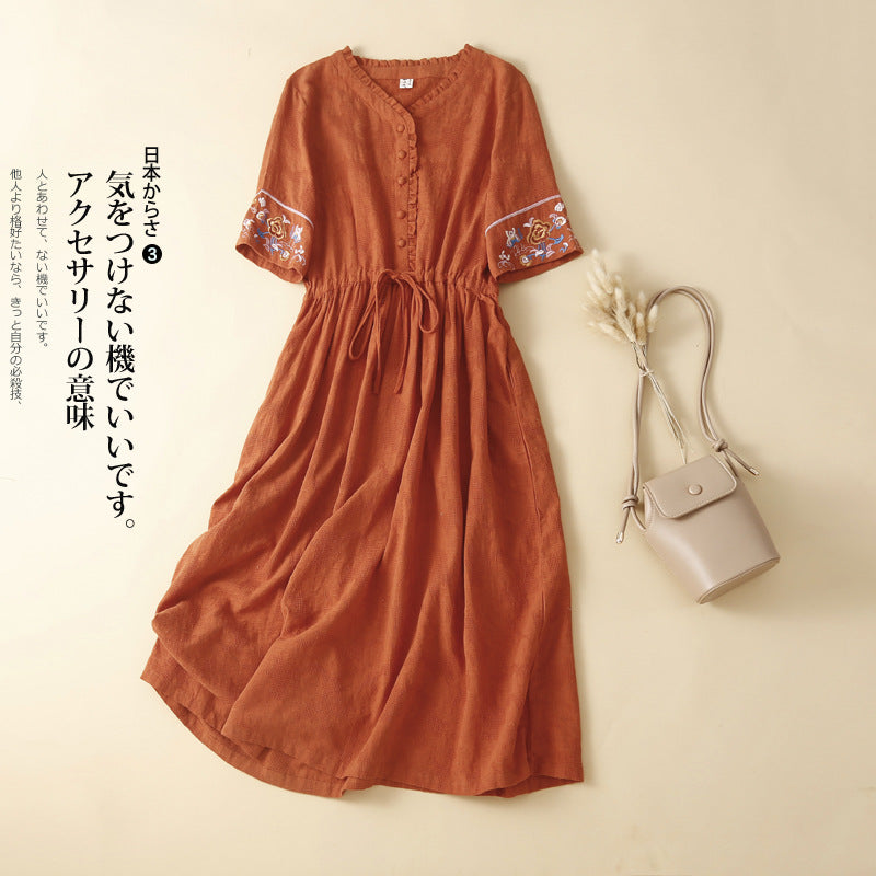 Ethnic Style Cotton and Linen Embroidered Dress Women's 2023 Summer Long Loose Style Lace Collar Short-Sleeved Over-the-Knee Long Dress