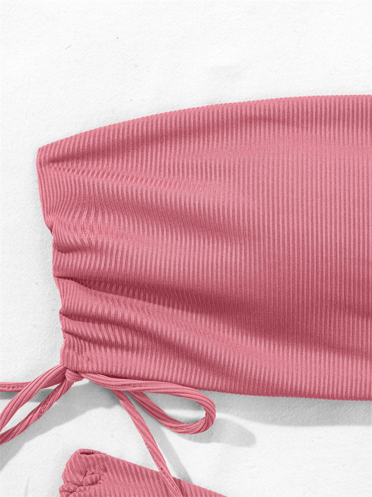European and American Tube Top Bikini Swimsuit for Women 2024 New Pure Color Sexy Huludao Swimsuit Split Swimsuit High-End
