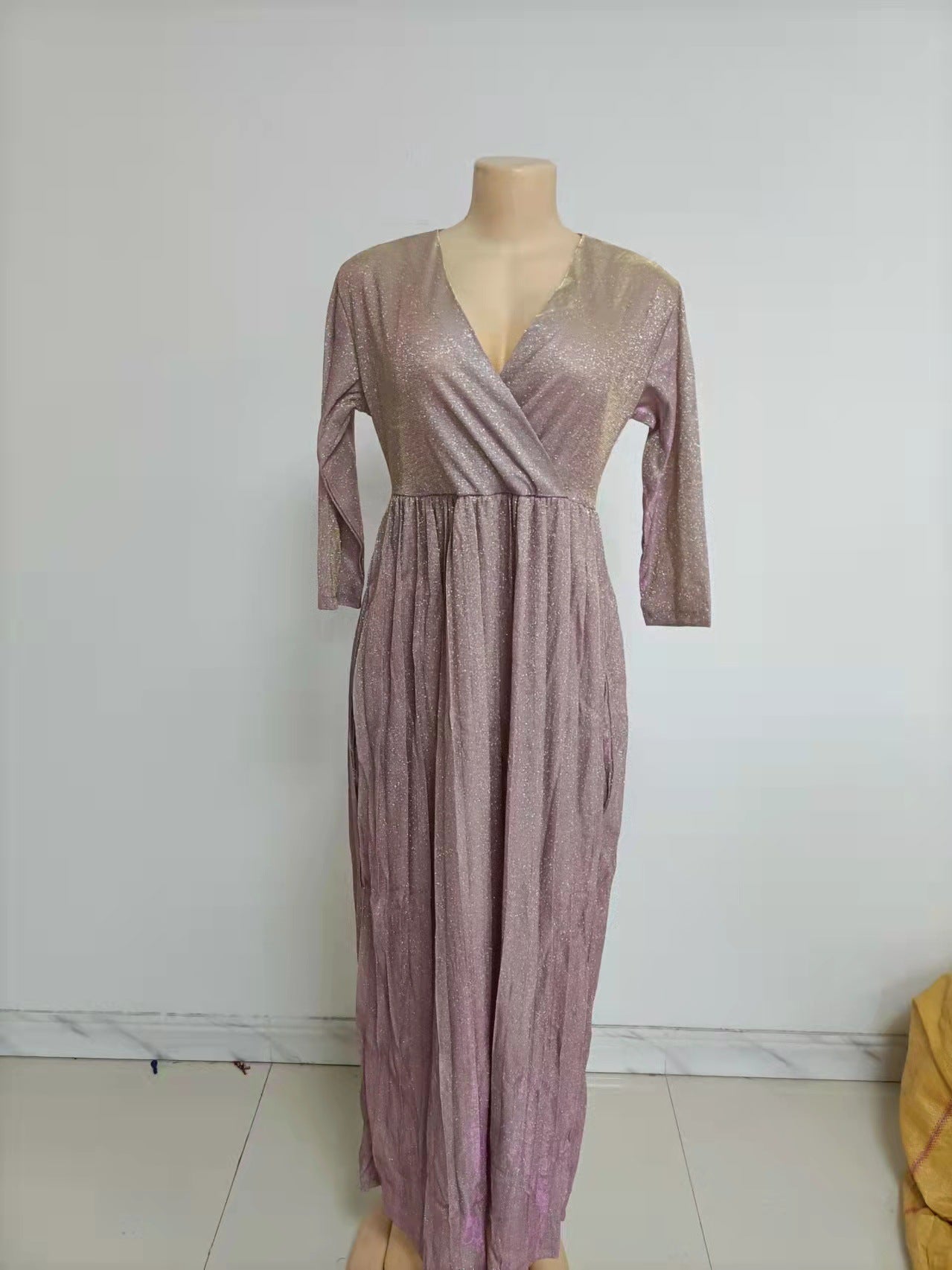 2025 Winter Cross-Border European and American African Women's Fashionable Long-Sleeved Bronzing Pleated Skirt with Belt Glitter Fabric