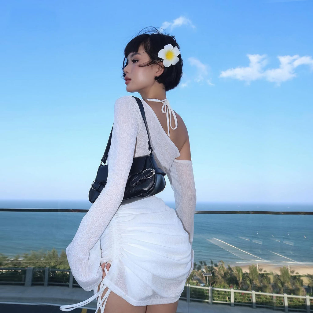 Women Mesh Shoulder slant Mini Dress Sexy See Through Chic Long Sleeve Deep Low Neck Slim Vestidos Mujer Coquette
