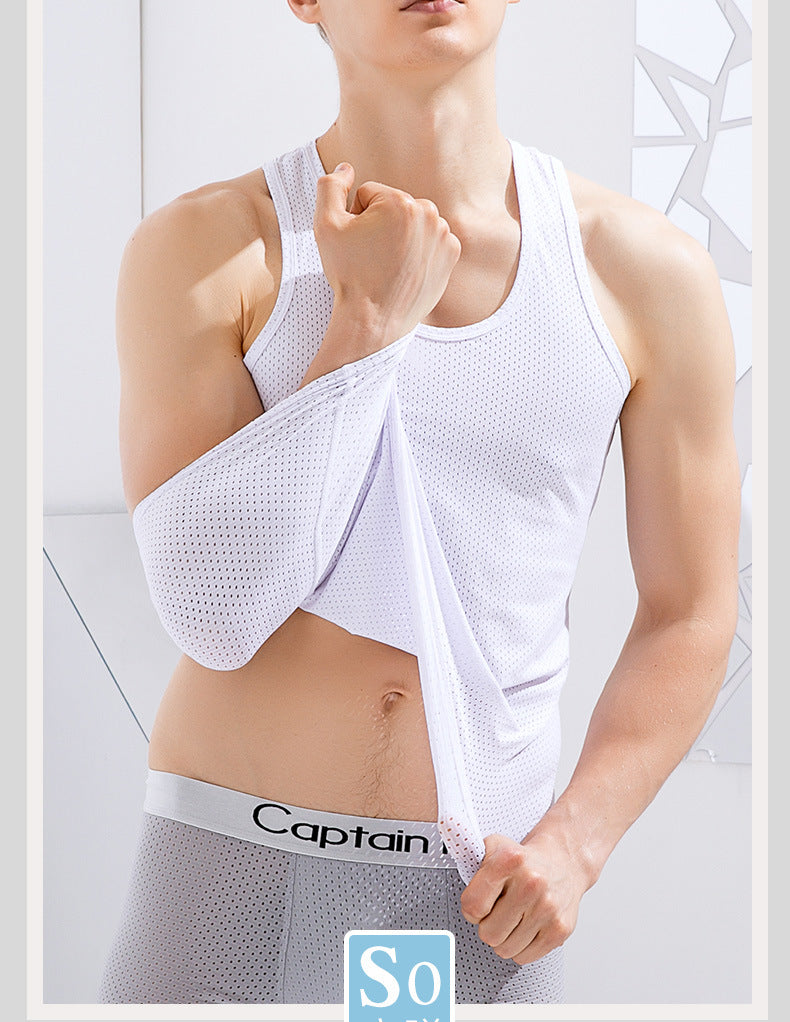 Summer ice silk mesh vest men's sports fitness quick-drying hollow undershirt wide shoulder waistcoat sleeveless T-shirt wholesale