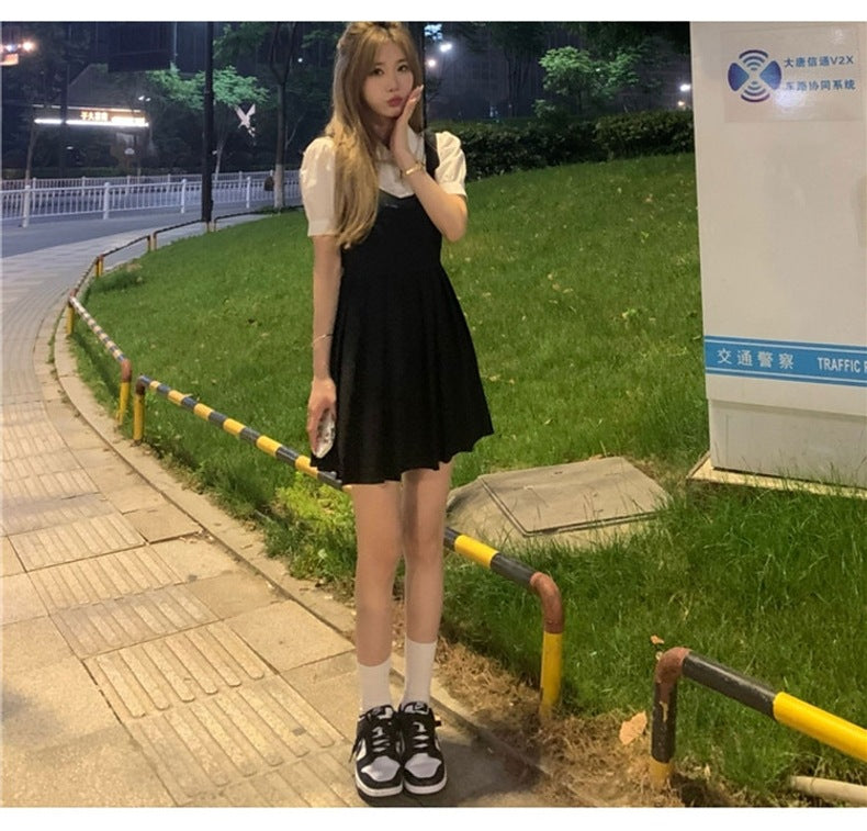 French Design Sense suit 2024 New College Style Women's Wear Spring Black Strap Sweet and Spicy dress Summer