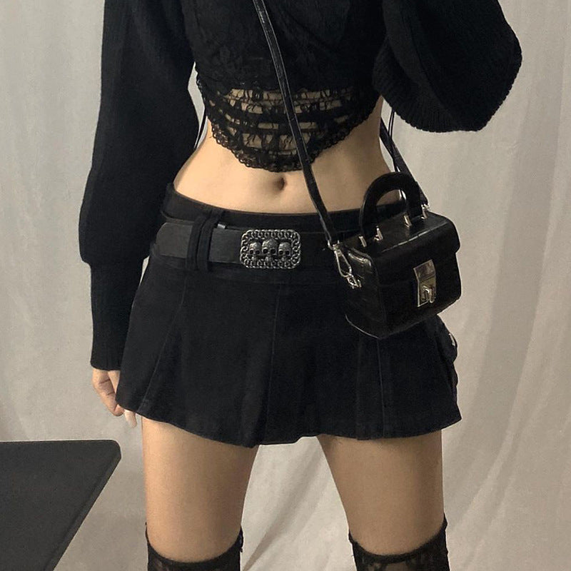 AltGoth Harajuku Y2k Denim Skirt Women Dark Gothic Streetwear Mini Skirt with Skull Belt Mall Goth Punk Grunge Sexy Emo Clubwear