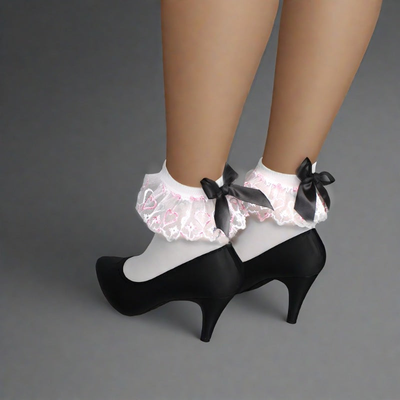 Summer Lace Bow Low-barred Silk Stockings Short Socks for Pretty Girls Student Socks Velvet Medium-thick Short-barred Socks for Women
