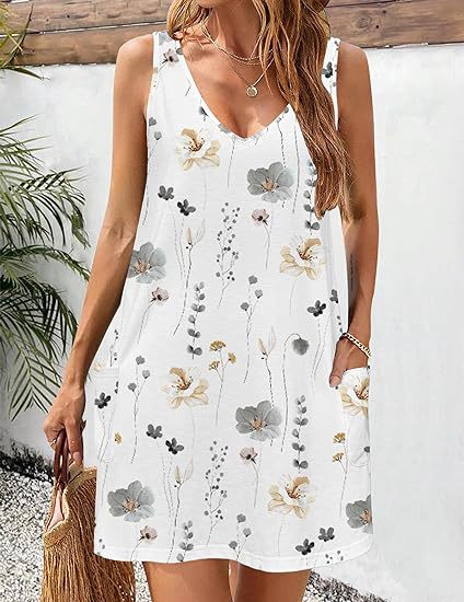 2024 summer casual vest V-neck loose dress with pockets summer bohemian beach dress floral T-shirt with pockets