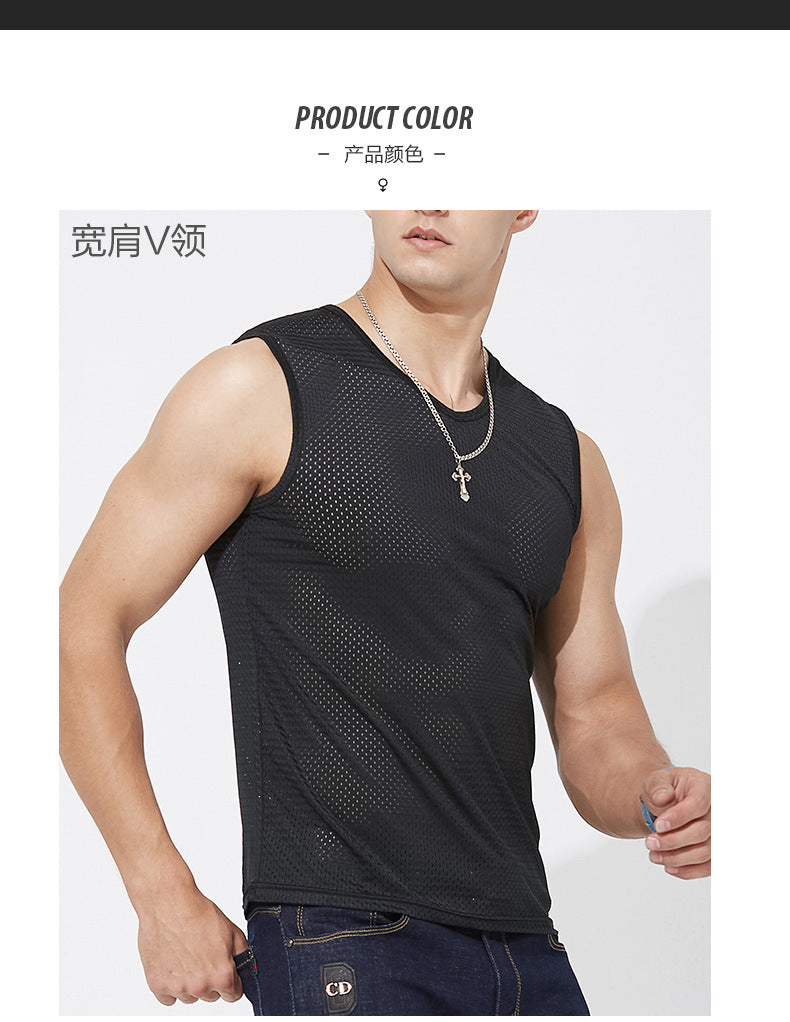 Summer ice silk mesh vest men's sports fitness quick-drying hollow undershirt wide shoulder waistcoat sleeveless T-shirt wholesale