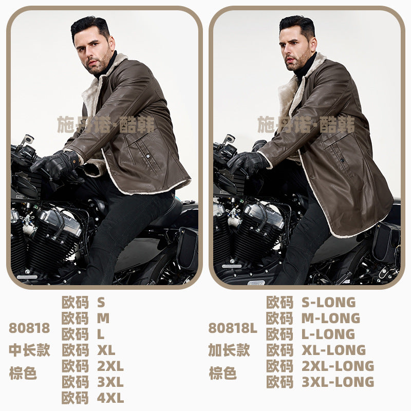 Men's Mid-Length Leather Jacket for Middle-Aged and Elderly People in Autumn and Winter Business European Size Plus Velvet Large Lapel Suit Leather Plush Jacket for Men