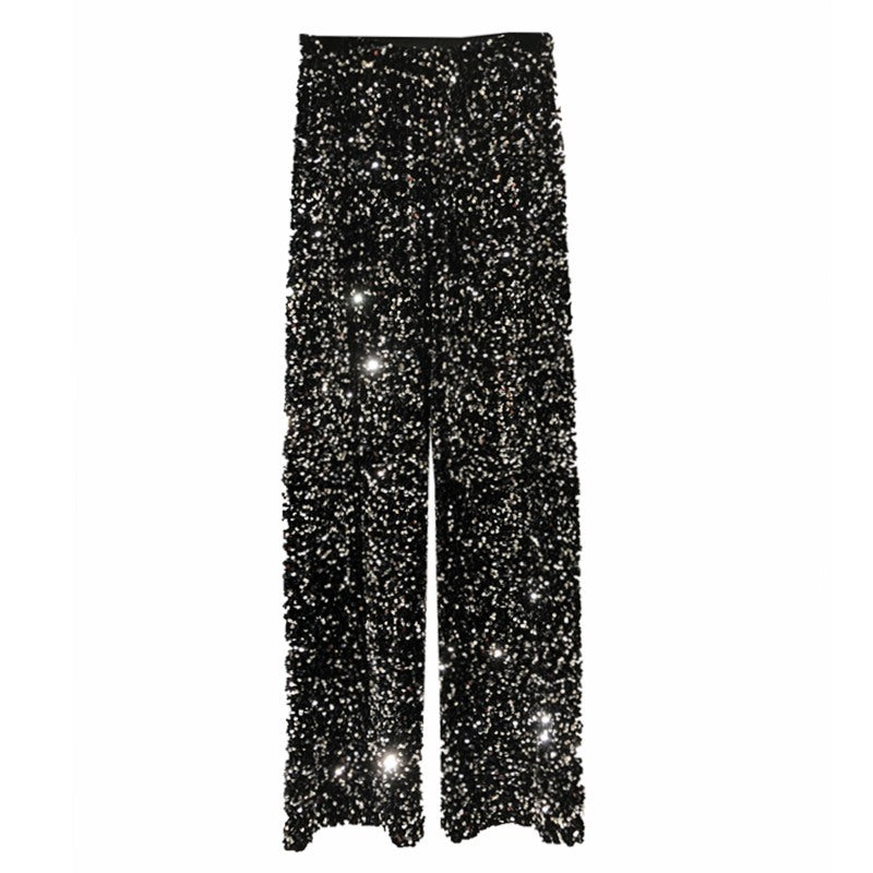Autumn and Winter Thickened Korean Velvet Sequin Wide Leg Pants Large Long Leg Dipped plus size Floor Pants Shiny Lined Straight Leg Pants for Women