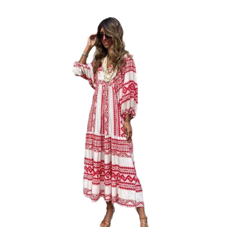European and American Plus-Size Women's Loose-Fitting Bohemian Round-Neck Lantern-Sleeve Sweet Girl Dress Wholesale from Source Factory