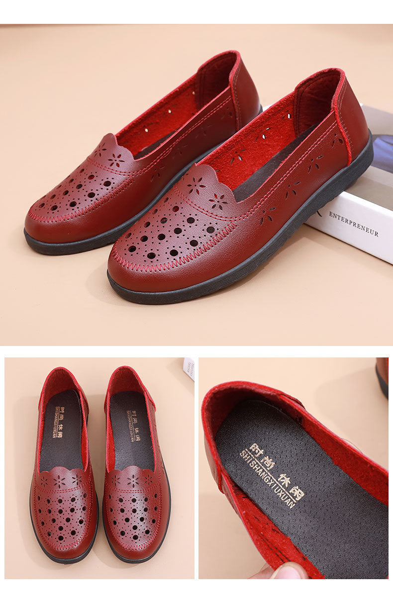 Spring Mom Shoes Sandals Soft Sole Comfortable Flats Hole Hollow Flats Shoes Middle-Aged and Elderly Women's Shoes Elderly Grandma Leather Shoes