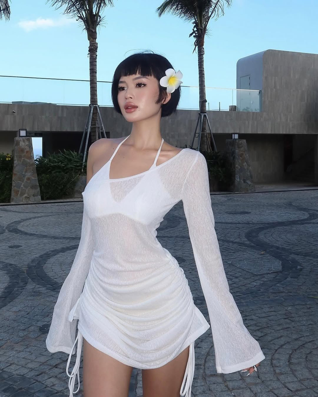 Women Mesh Shoulder slant Mini Dress Sexy See Through Chic Long Sleeve Deep Low Neck Slim Vestidos Mujer Coquette
