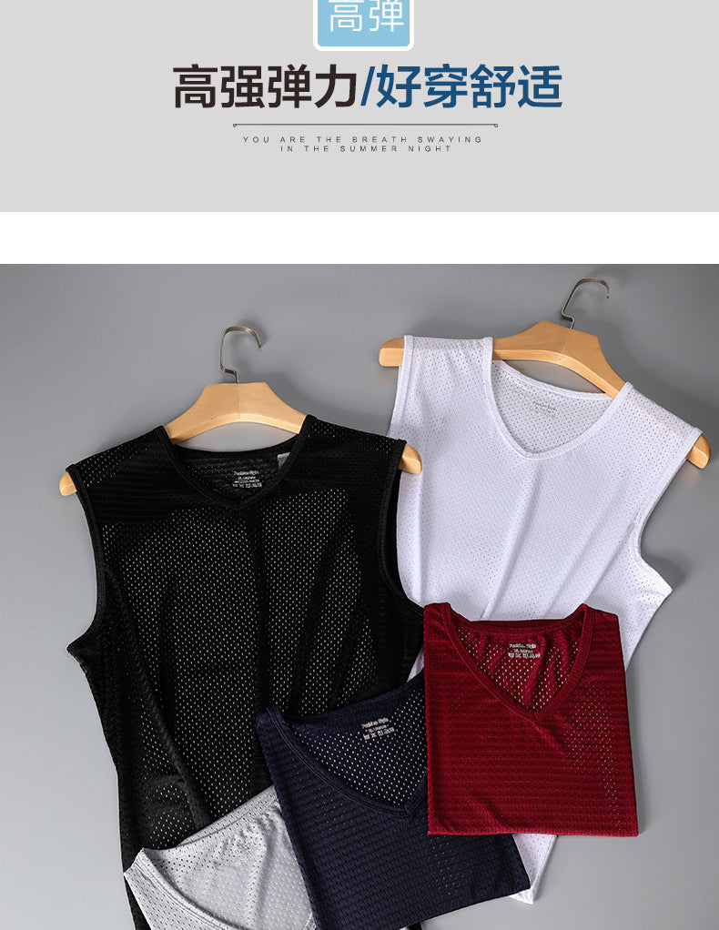 Summer ice silk mesh vest men's sports fitness quick-drying hollow undershirt wide shoulder waistcoat sleeveless T-shirt wholesale