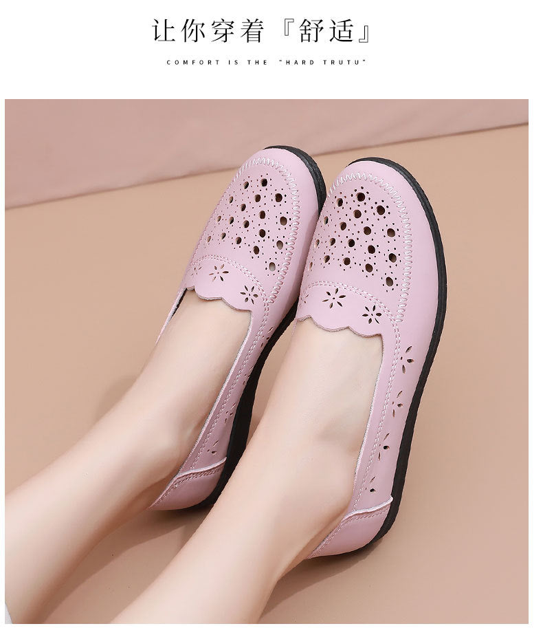 Spring Mom Shoes Sandals Soft Sole Comfortable Flats Hole Hollow Flats Shoes Middle-Aged and Elderly Women's Shoes Elderly Grandma Leather Shoes