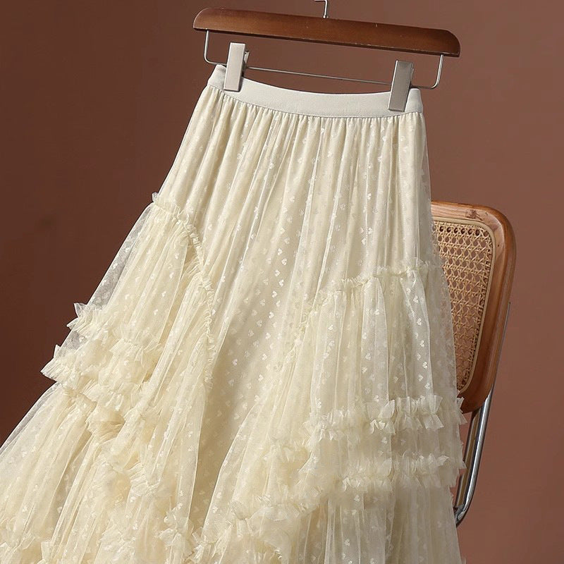 2026 Mesh Heart Printed Skirt Women Elastic High Waist Skirt Elegant Tulle A Line Ruffle Party Skirt Long Summer Saia Feminina