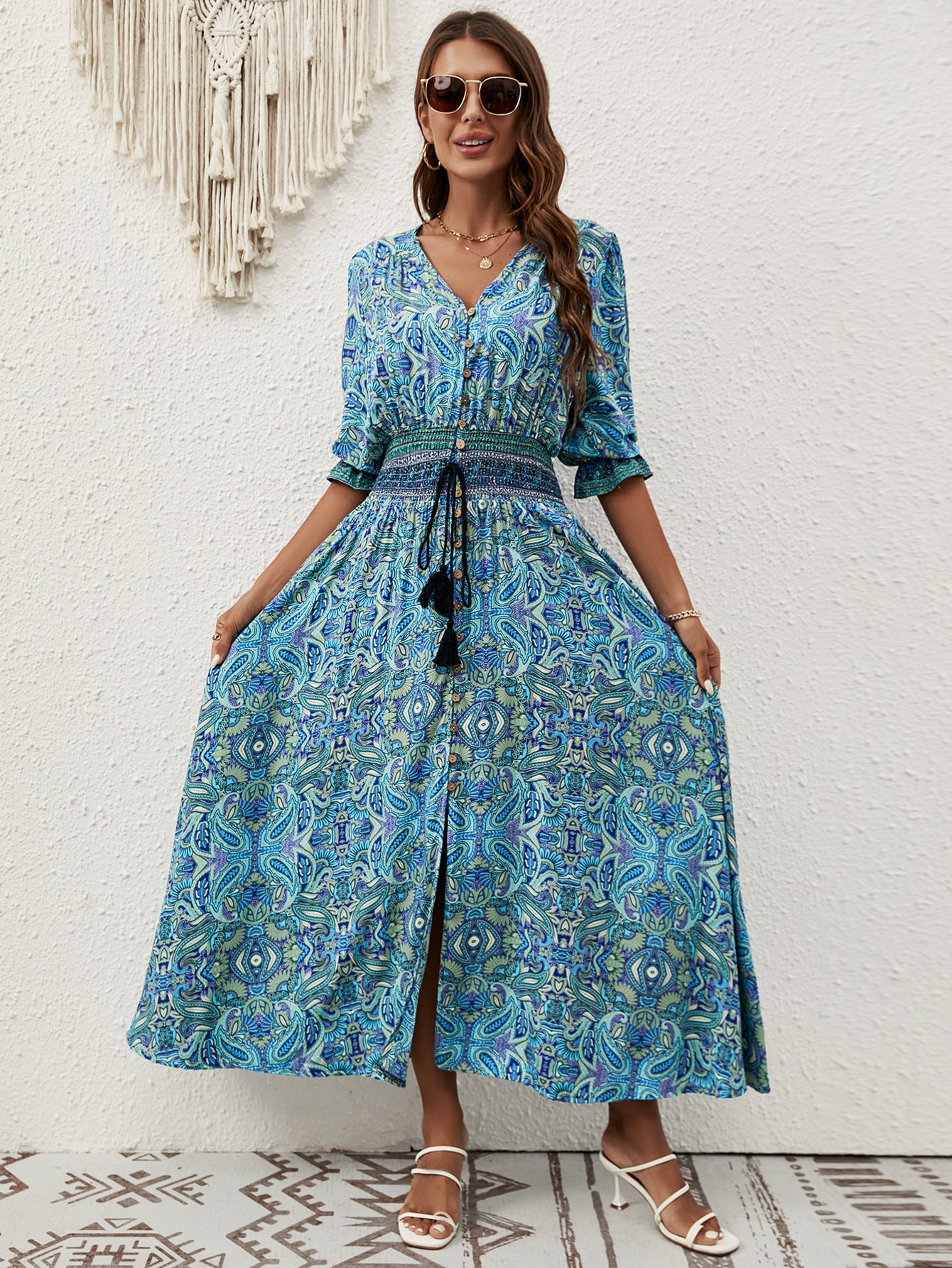 2025 Rayon Positioning Printed Three-Quarter Sleeve Waist Bohemian Women's Dress Vacation Buttoned Beach Skirt