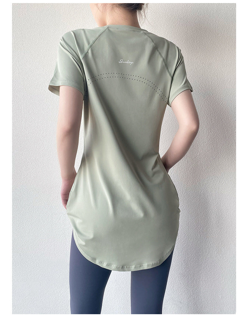 Yoga Clothing Short-sleeved Summer New Mid-length Hip Covering Slimming Quick-drying Top Breathable Fitness Sports T-shirt Women's Thin