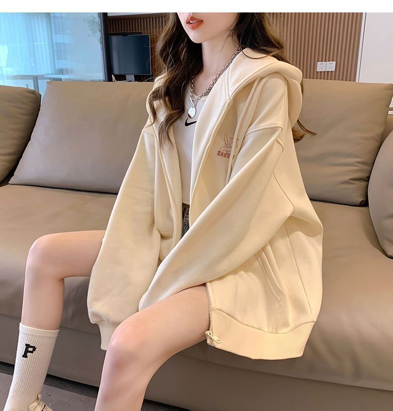 Embroidered Pattern Hooded Sweatshirt Girls' Cardigan Jacket 2026 Spring, Autumn and Winter New Style Lazy Style Loose Long-Sleeved Top