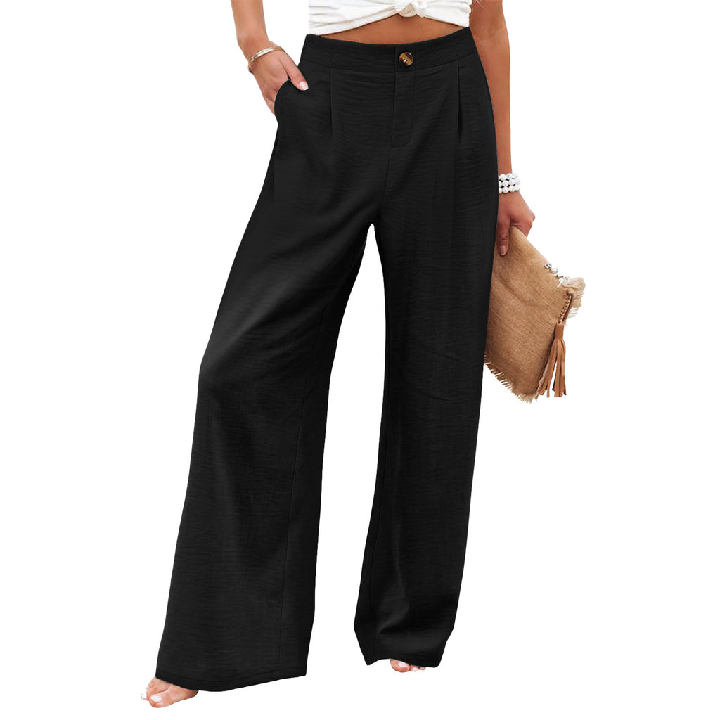 2026 Cross-Border Amazon European and American Summer Comfortable High-Waisted Long Pants with Buttons and Elastic Waist Wide-Leg Pants for Women Casual Straight-Leg Pants