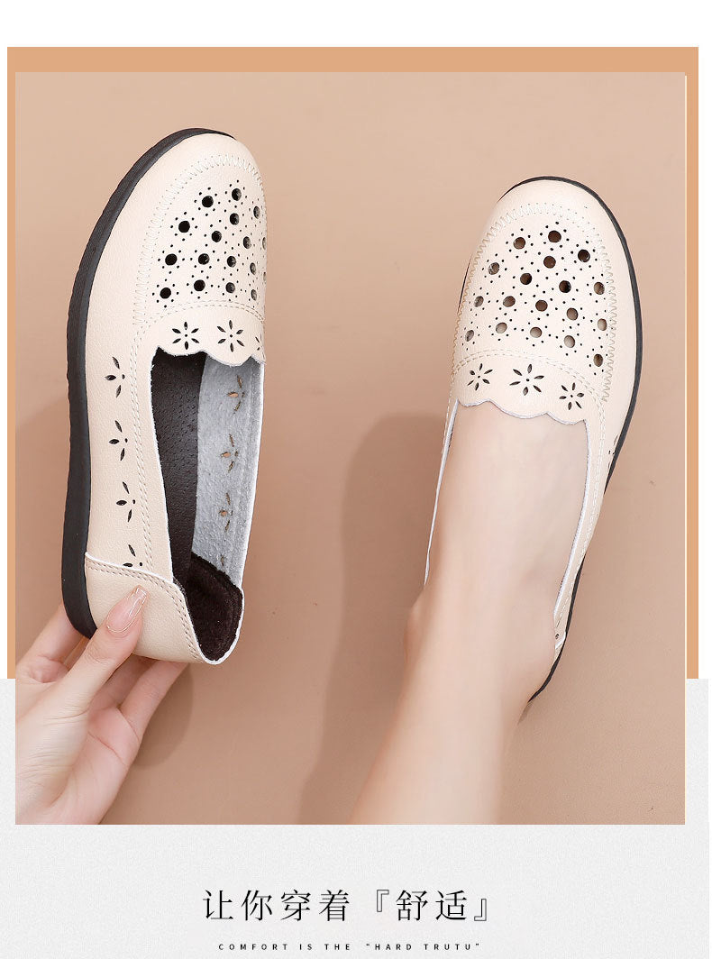 Spring Mom Shoes Sandals Soft Sole Comfortable Flats Hole Hollow Flats Shoes Middle-Aged and Elderly Women's Shoes Elderly Grandma Leather Shoes