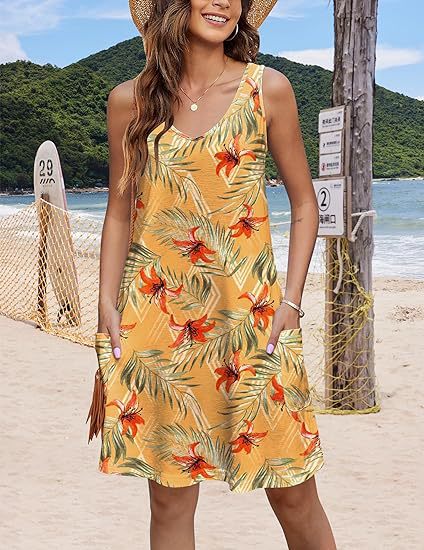 2024 summer casual vest V-neck loose dress with pockets summer bohemian beach dress floral T-shirt with pockets