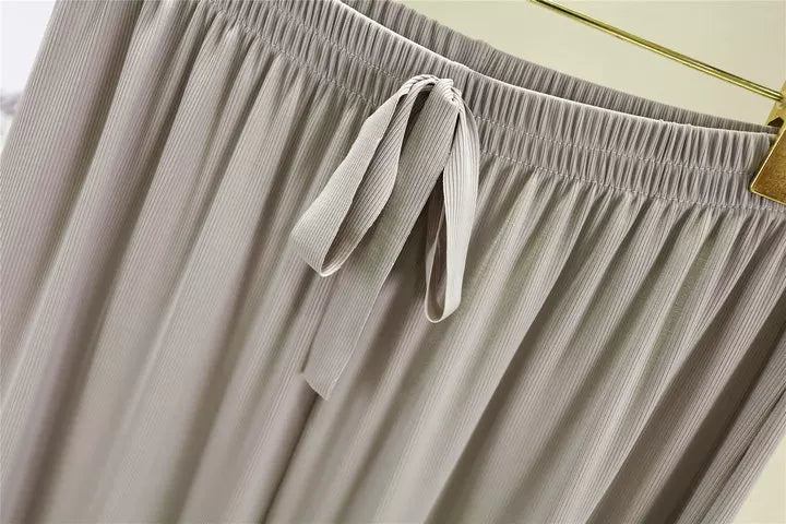 Korean style high waist drawstring lace-up ice silk seamless straight slimming wide-leg pants summer thin draping casual trousers