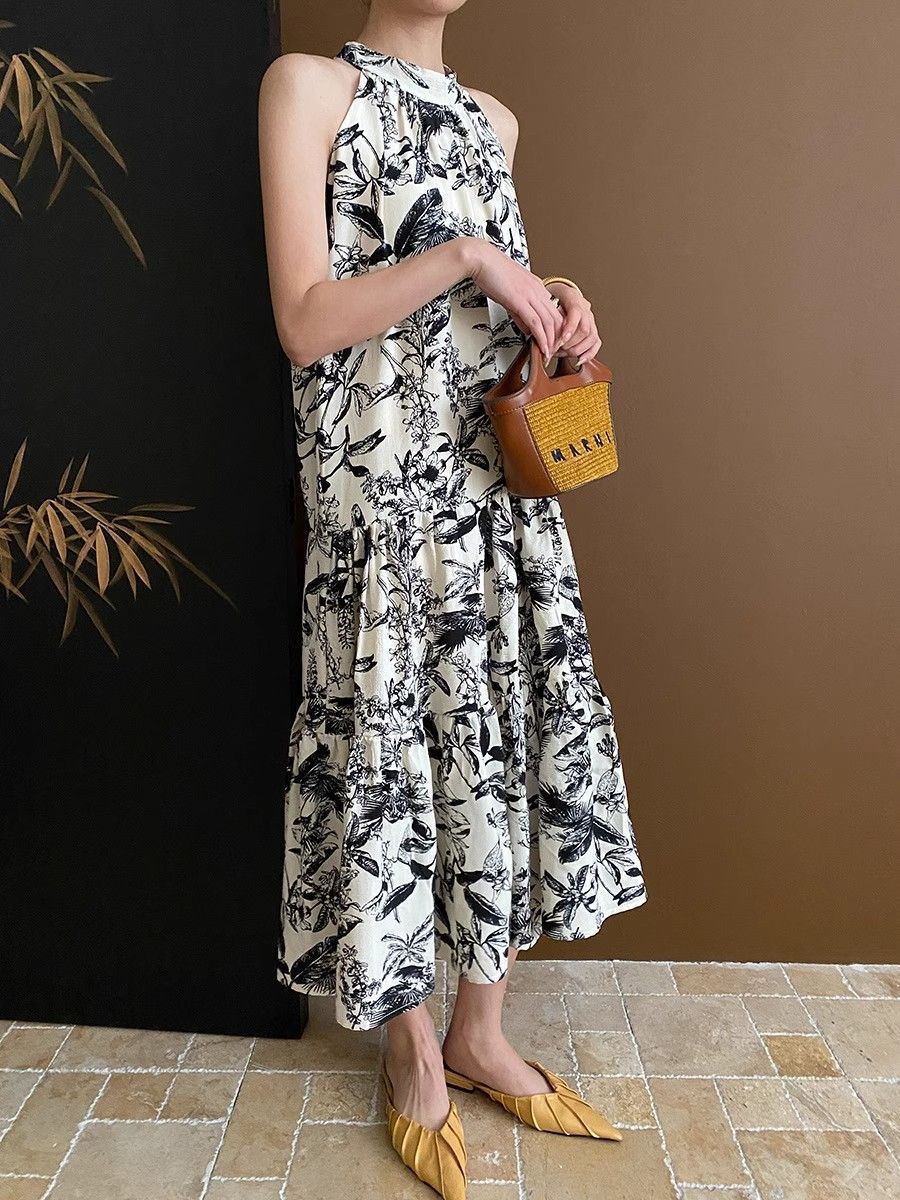 French Ink Print Sling dress Summer 2024 New Elegant Cool Beach Seaside Holiday Midi Dress