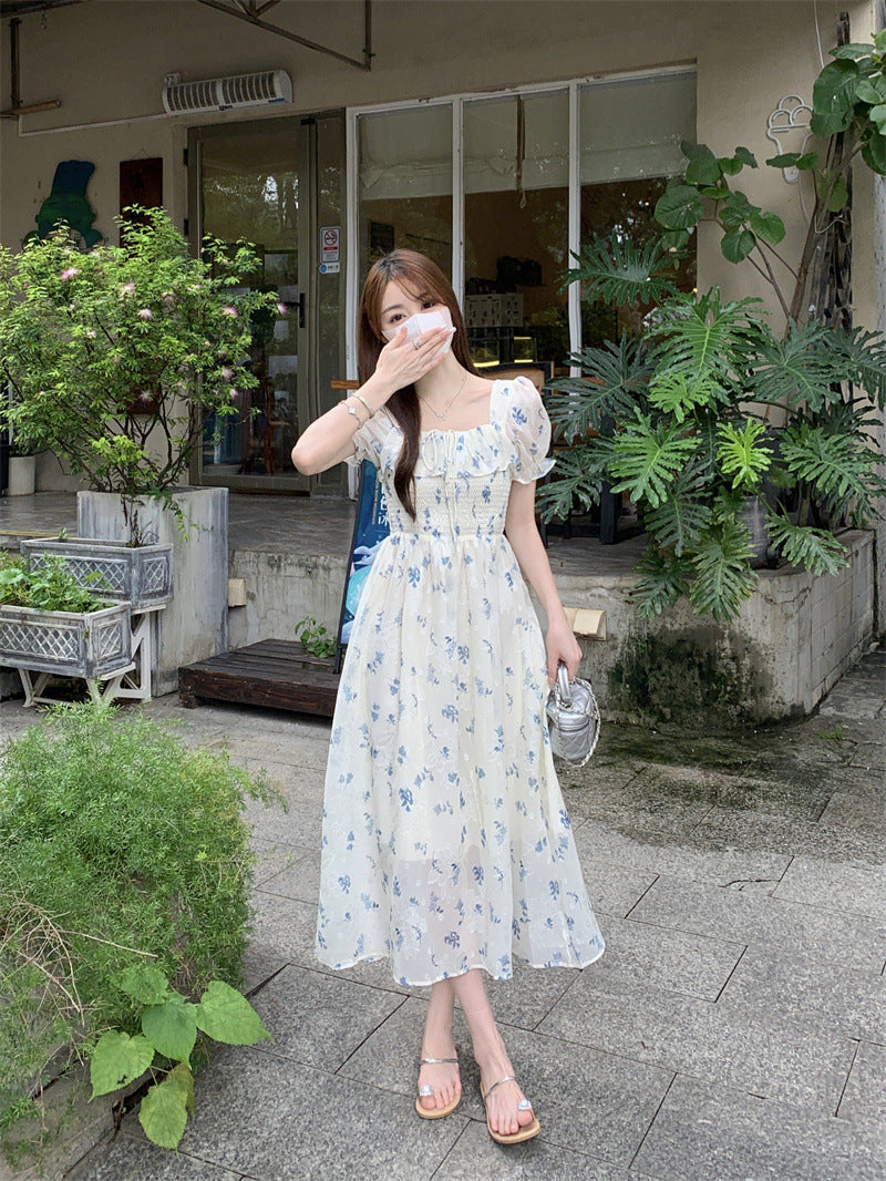 Gentle Floral Dress for Women, Summer 2026 New Chiffon Seaside Vacation First Love Dress, Puff Sleeve Long Dress