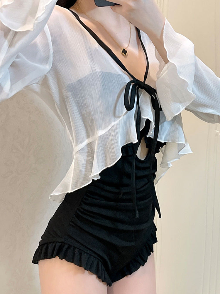 2025 New Long-Sleeved Swimsuit for Women, Covering Belly, Slimming Look, Conservative Hot Spring One-Piece, High-End, Super Fairy Ins Sexy