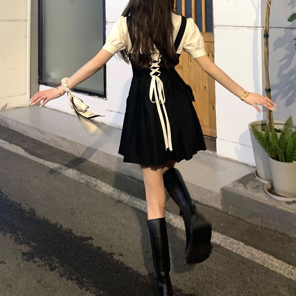 French Design Sense suit 2024 New College Style Women's Wear Spring Black Strap Sweet and Spicy dress Summer