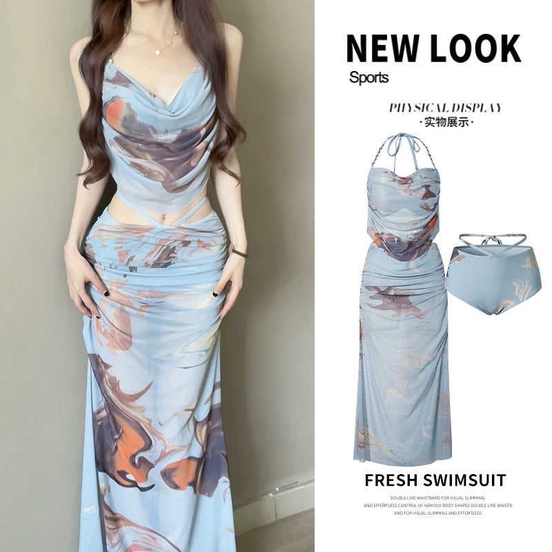 Hot Girl Bikini Swimsuit Female Three-Piece Seaside Vacation Long Skirt Small Breast Push-Up with Underwire Sexy Hot Spring Swimsuit