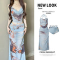 Hot Girl Bikini Swimsuit Female Three-Piece Seaside Vacation Long Skirt Small Breast Push-Up with Underwire Sexy Hot Spring Swimsuit