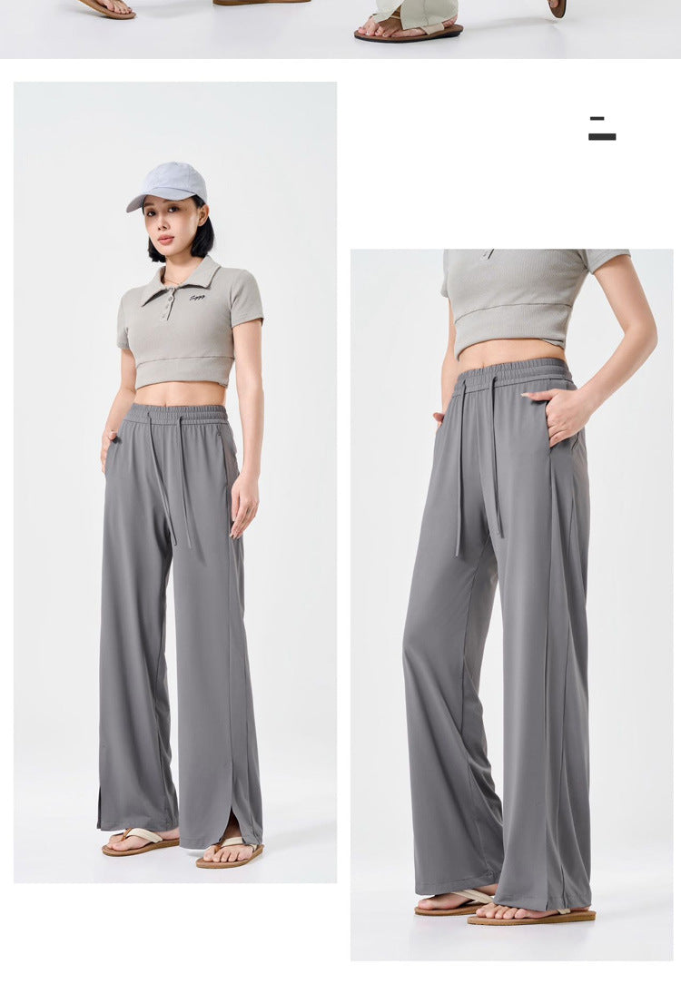 Summer Sunscreen Cool Ice Silk Wide Leg Pants Women's Lightweight Breathable Lazy Style Casual All-match Loose Slimming Straight Leg Pants