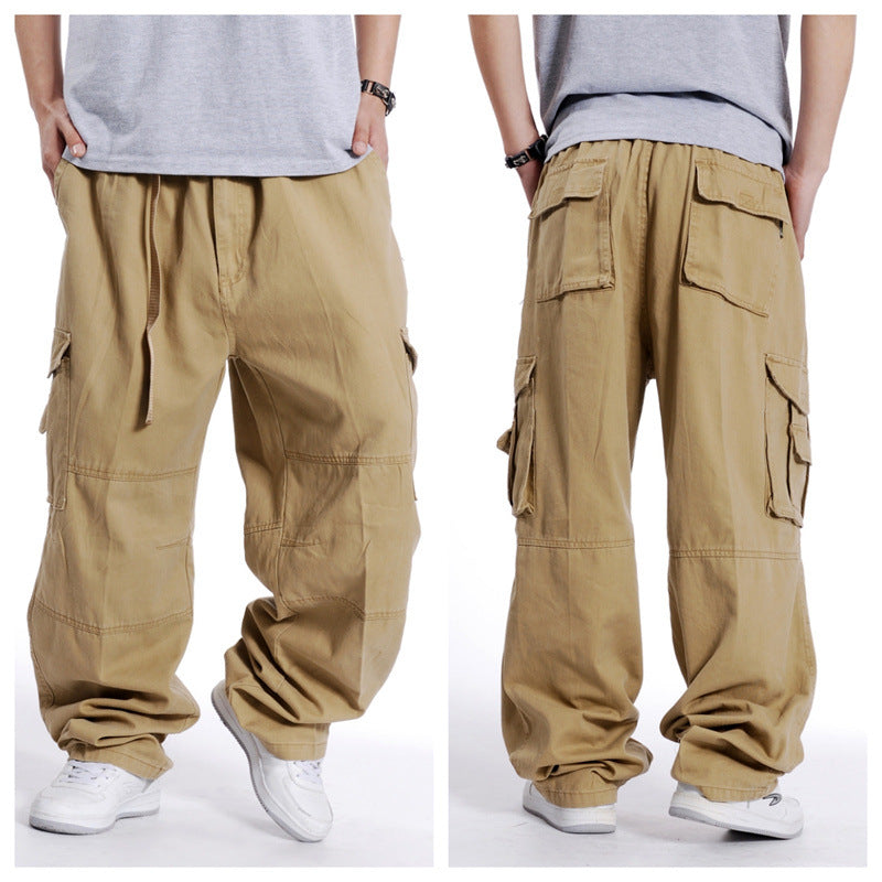 Spring and Autumn Men's Multi-Bag Pants for Chubby Casual Chubby Cotton Overalls with Fat plus size Wide Legs and Loose Waist Loose Long Pants