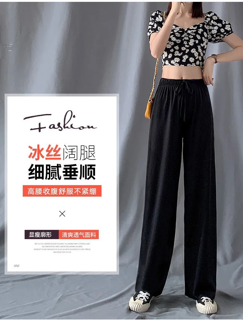 2026 Thin Ice Silk Wide-Leg Pants for Women, Summer Student Korean Style, Drapey Loose Fit, Versatile High-Waisted Elastic Thin Straight-Leg Pants