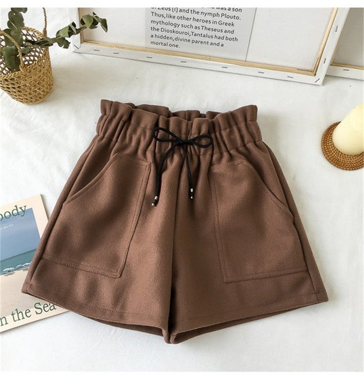 High Waist Woolen Shorts Autumn and Winter 2024 New Black Wide Leg Pants Slimming Spring Outwear Loose Casual Boots for Women