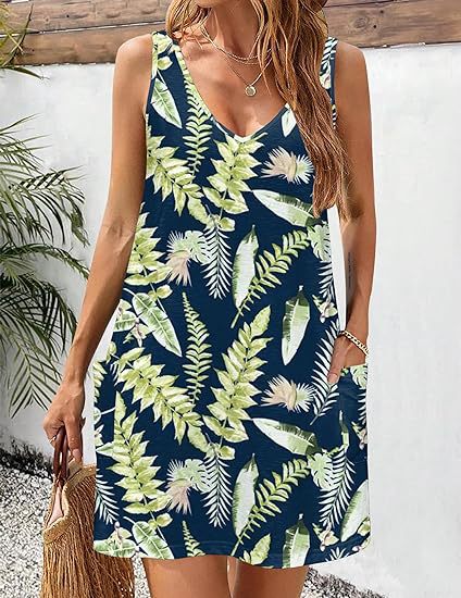 2024 summer casual vest V-neck loose dress with pockets summer bohemian beach dress floral T-shirt with pockets